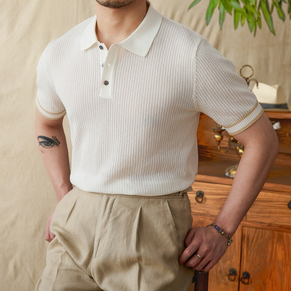 Belmont Contrast Crochet Knit Short Sleeve Polo Shirt