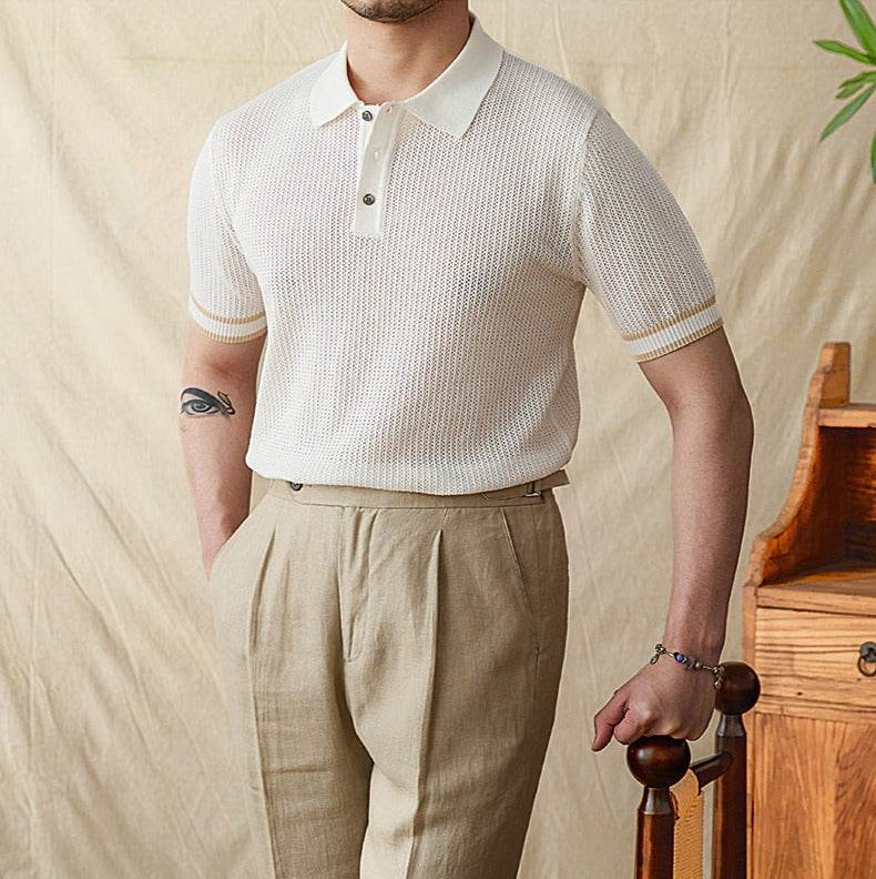 Belmont Contrast Crochet Knit Short Sleeve Polo Shirt