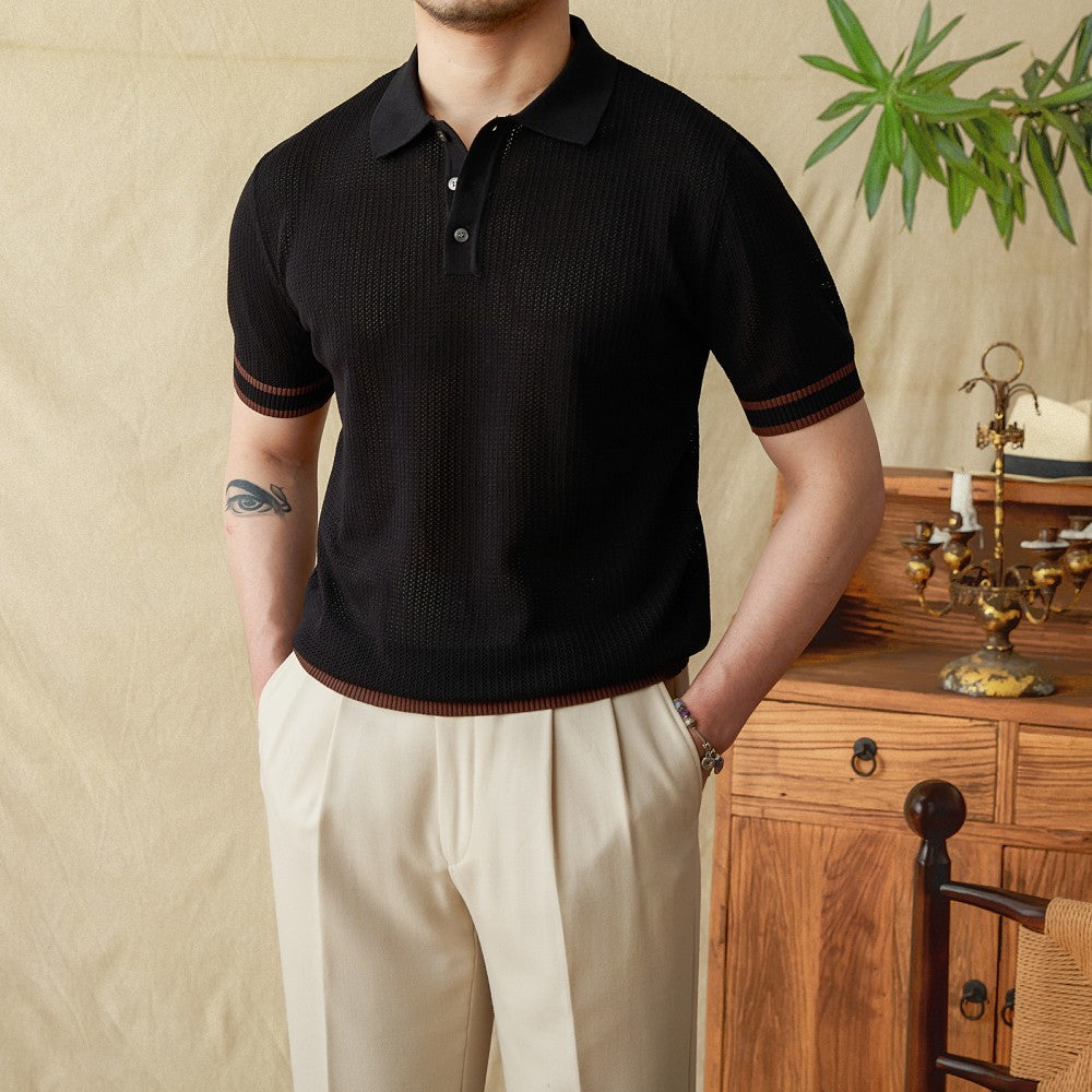 Belmont Contrast Crochet Knit Short Sleeve Polo Shirt