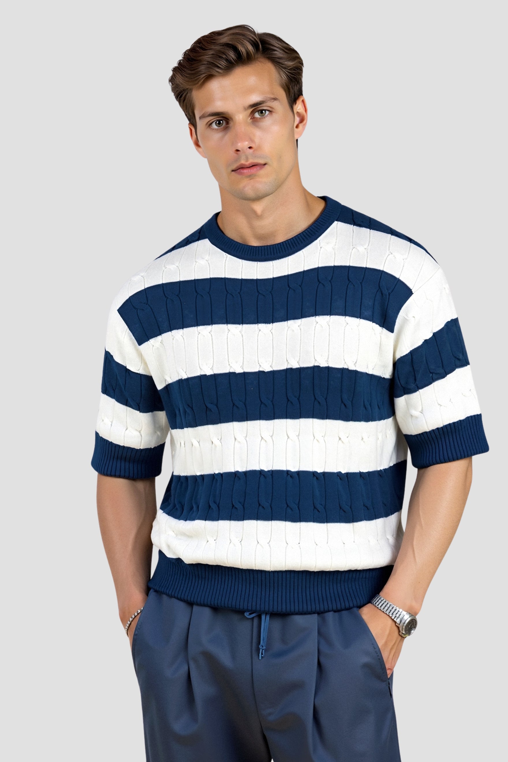 Belmont Crew Neck Cable Knit Striped T-Shirt