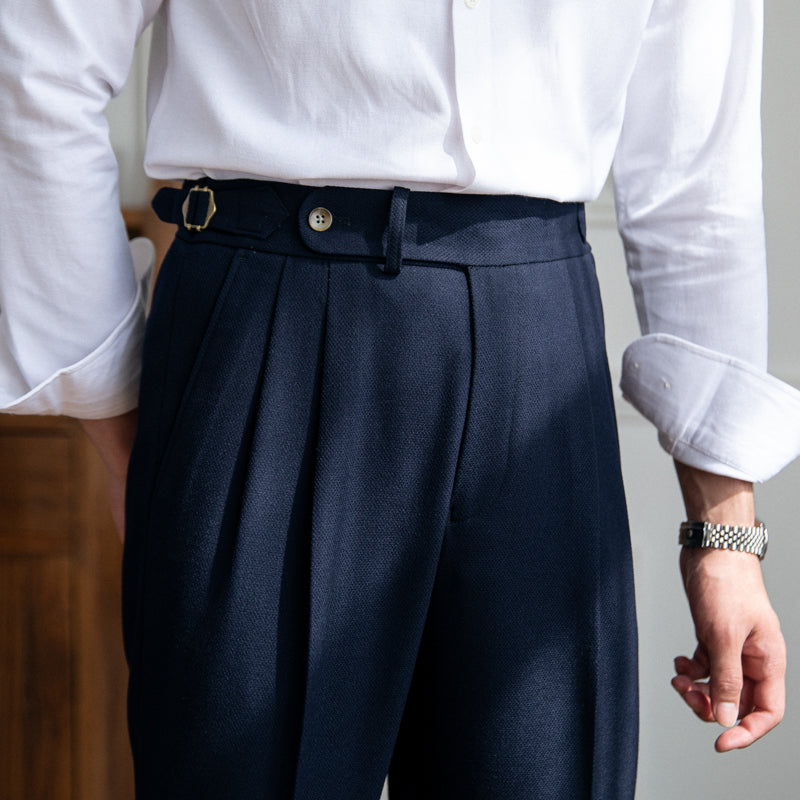 London Wool Blend Textured Double Pleated Trousers