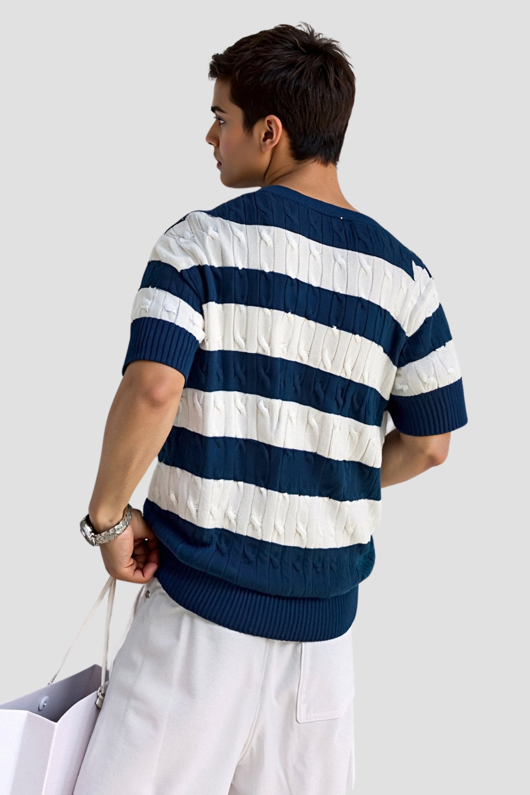 Belmont Crew Neck Cable Knit Striped T-Shirt