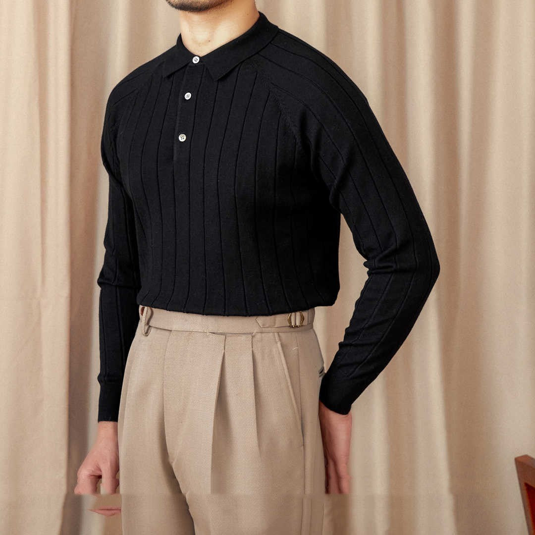 Rome Pleated Wool Silk Blend Long Sleeve Polo Shirt