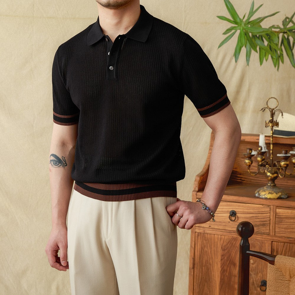 Belmont Contrast Crochet Knit Short Sleeve Polo Shirt