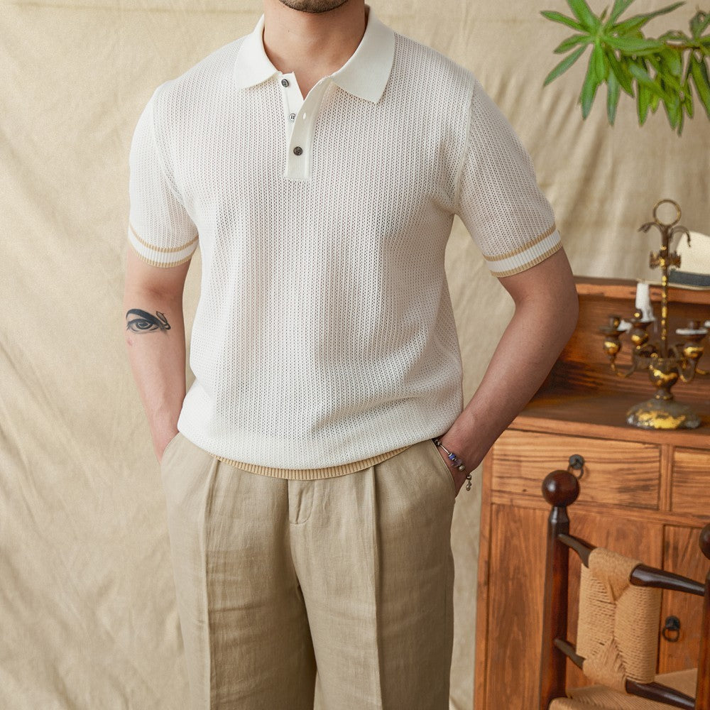 Belmont Contrast Crochet Knit Short Sleeve Polo Shirt