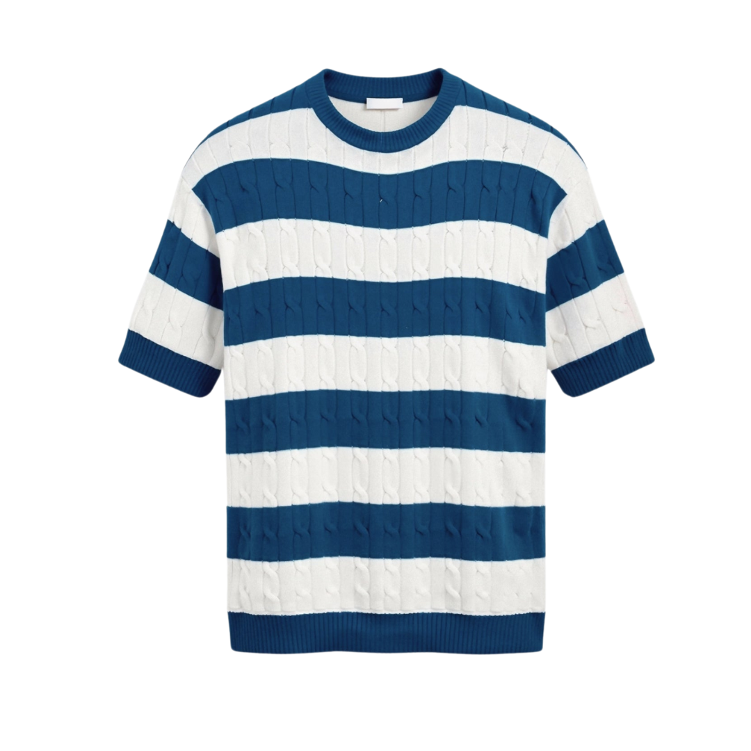 Belmont  Crew Neck Cable Knit Striped T-Shirt